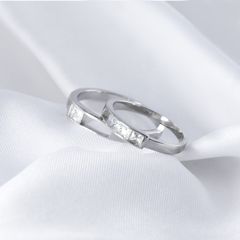 Hollow-out Rectangle with Square Zircon Silver Couple Ring for Women