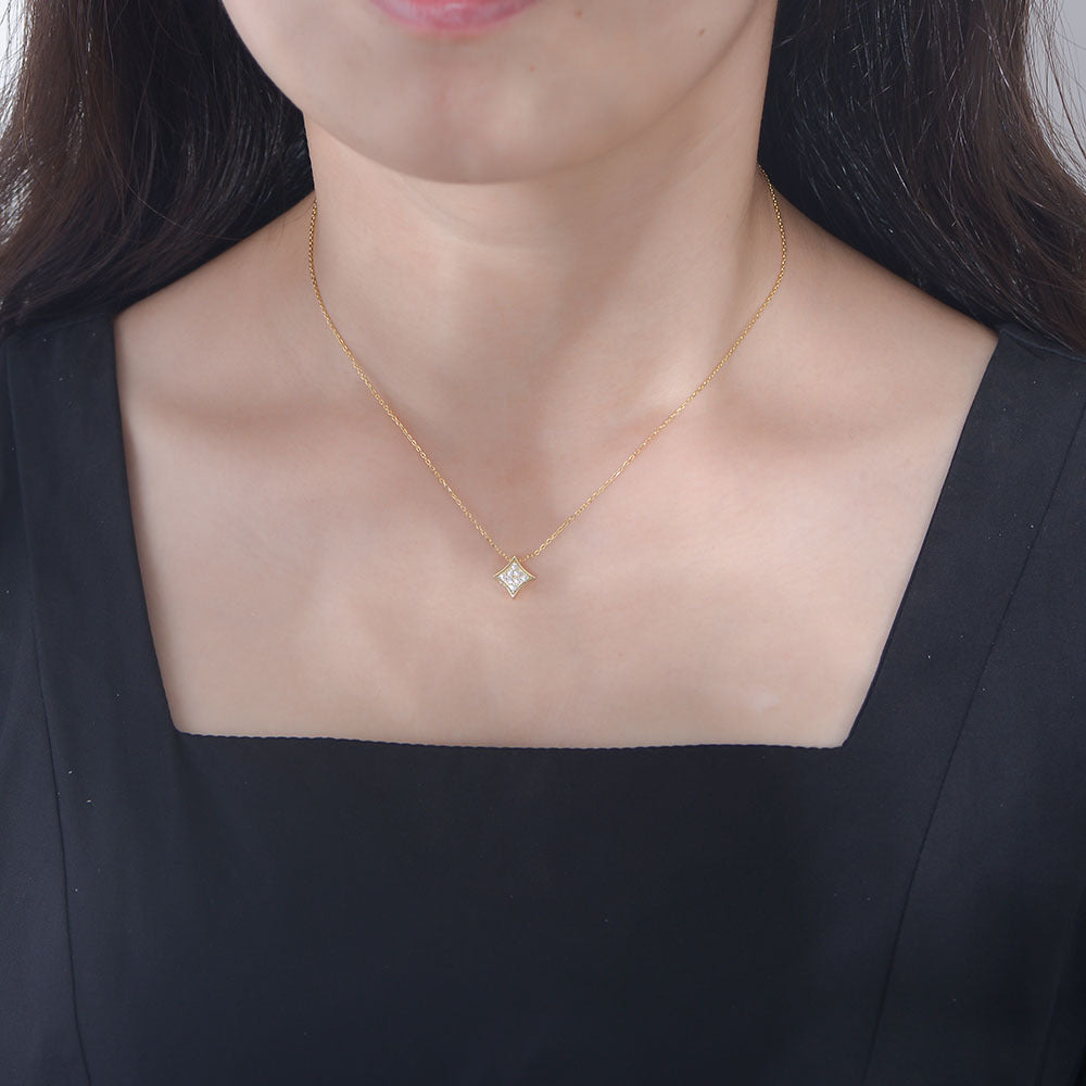 Geometric Square with Zircon Pendant Sterling Silver Collarbone Necklace for Women