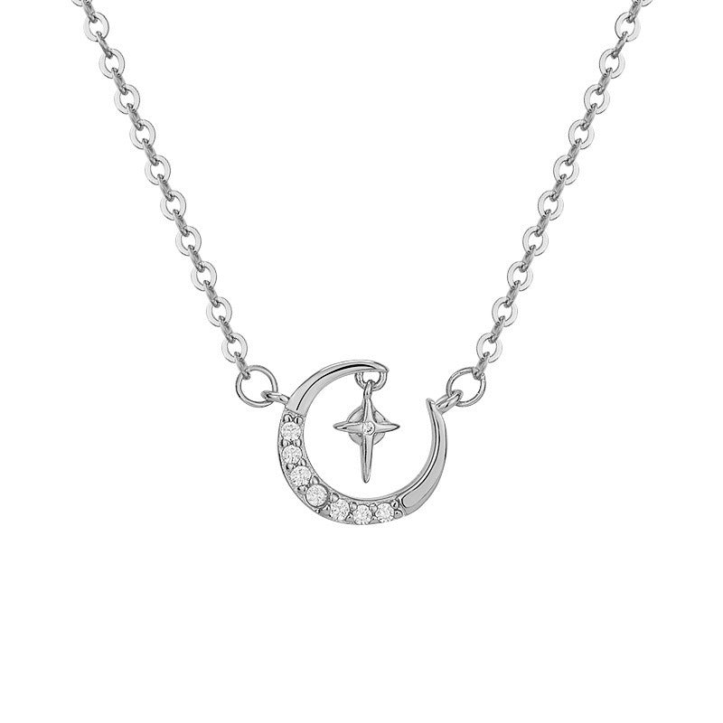 Zircon Crescent Moon with Starlignt Pendant Silver Necklace for Women