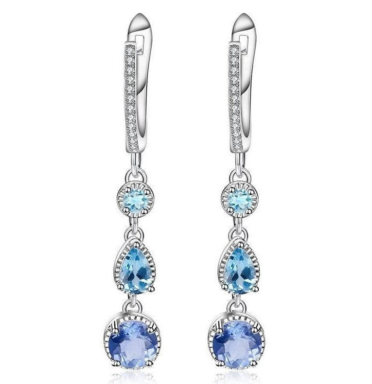 Fashion Light Luxury Design Inlaid Natural Gemstones Long Style Beading Sterling Silver Drop Earrings for Women