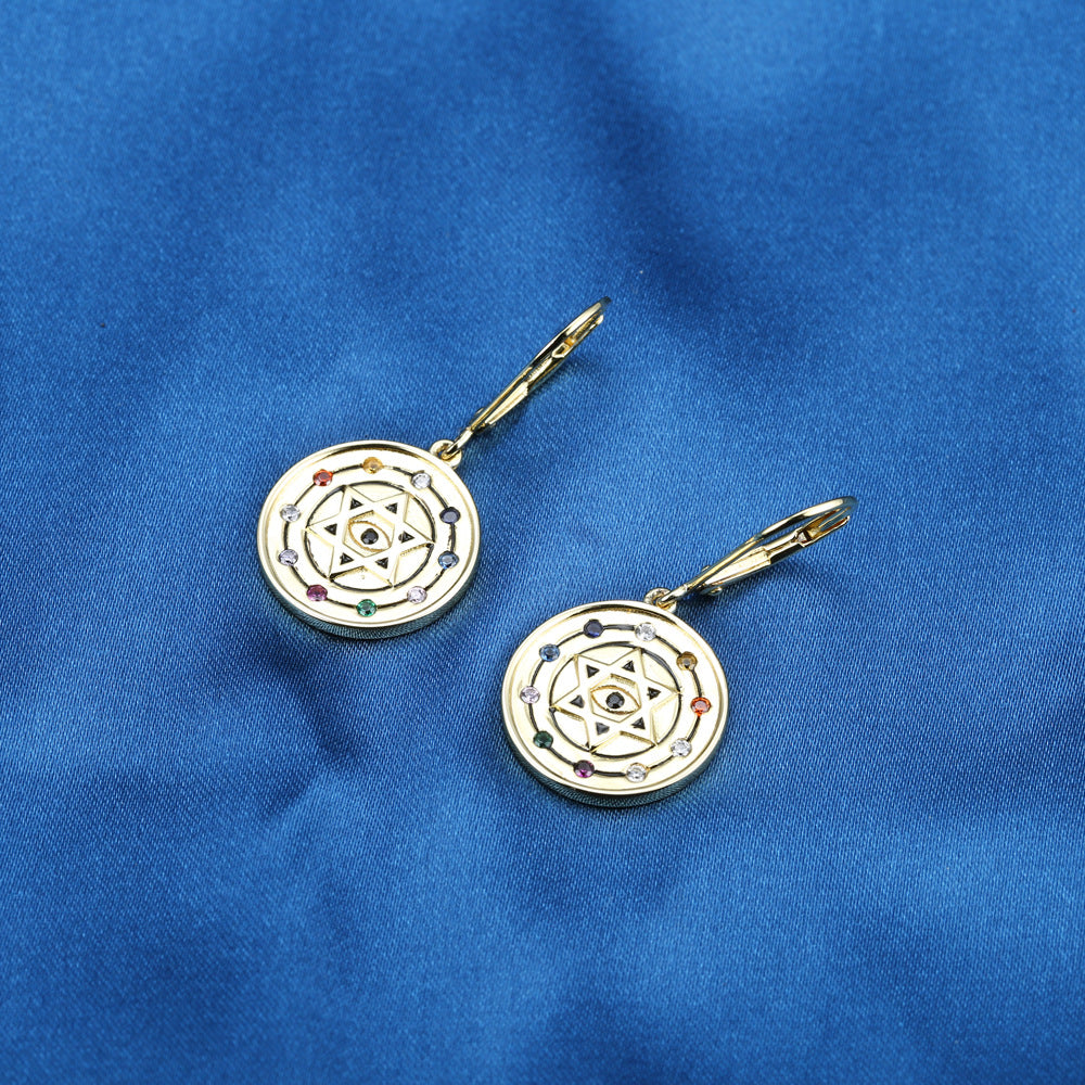 Devil's Eye Hexagram Star with Colourful Zircon Vintage Circle Silver Drop Earrings for Women