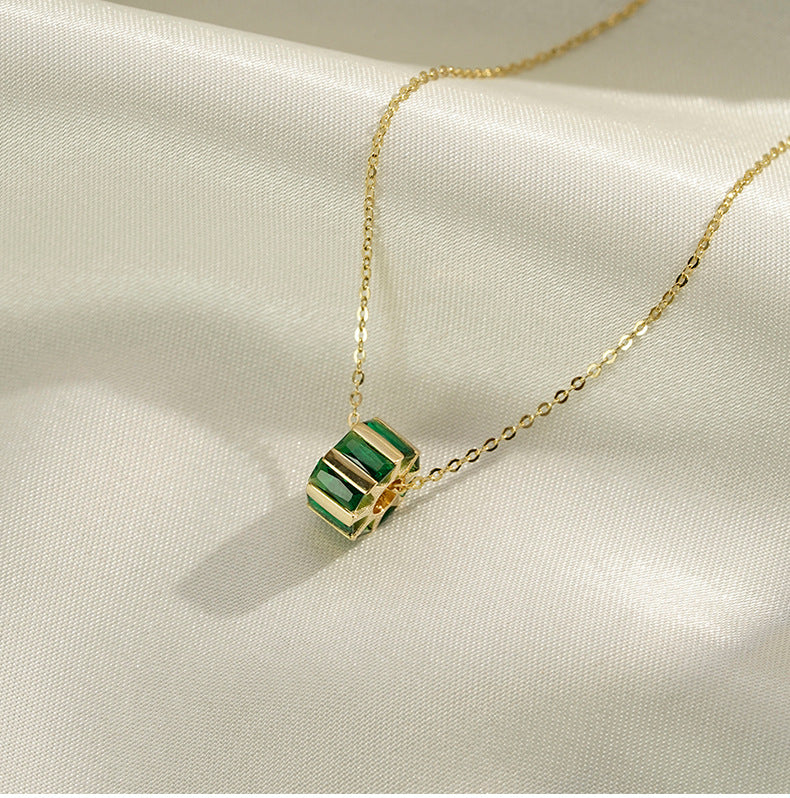 (Two Colours) Emerald Colour Zircon Water Wheel Pendants 925 Silver Collarbone Necklace for Women