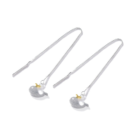 Brushed Small Whale Ear Line Silver Drop Earrings for Women