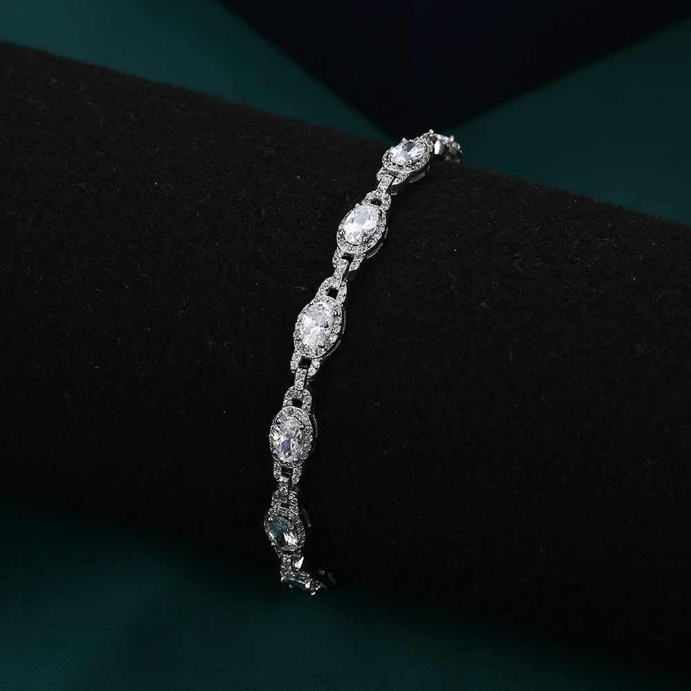 Oval Zircon Soleste Halo Beaded Interlock Silver Bracelet for Women