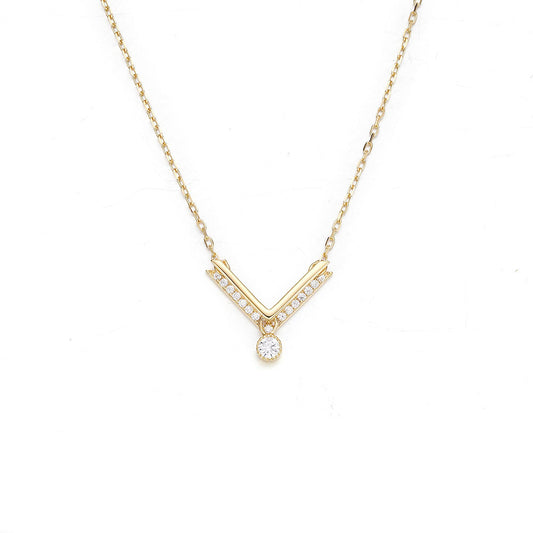Gold Colour Letter V Pendants 925 Silver Collarbone Necklace for Women