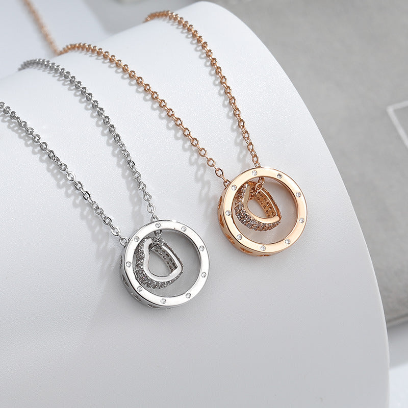 Hollow Zircon Heart Round Pendant Silver Necklace for Women