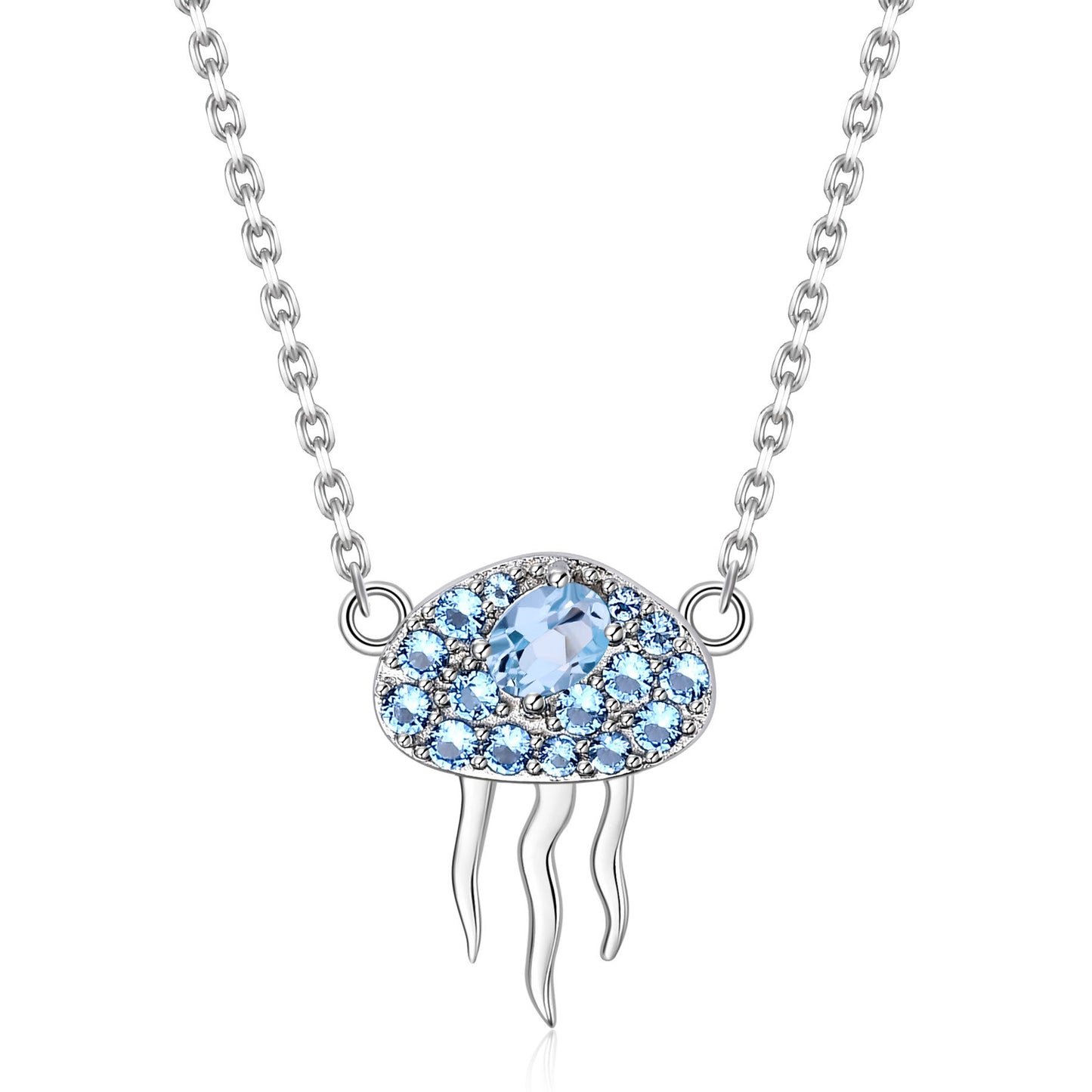 Fashion Style Inlaid with Natural Topaz Jellyfish Pendant Silver Necklace for Women