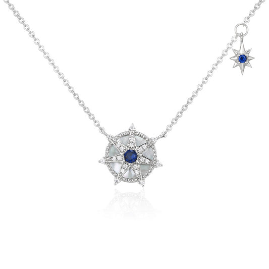 Eight-star Compass with Blue Zircon Silver Necklace for Women