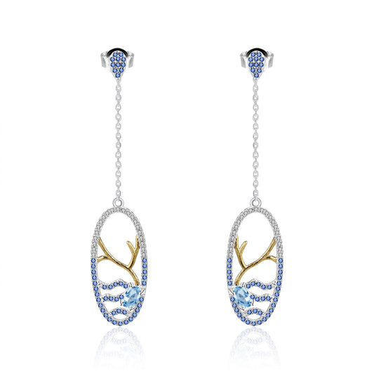 Natural Topaz Lake In Oval Long Design Silver Drop Earrings for Women