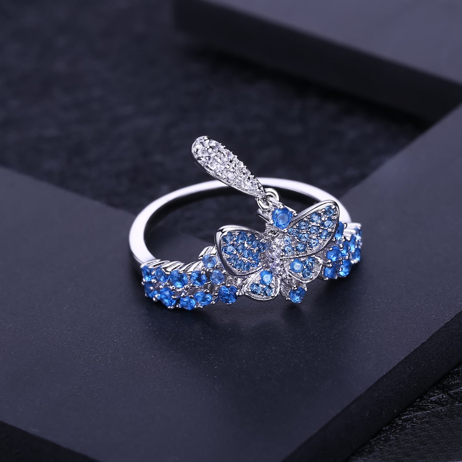 High Quality Luxury Inlaid Swiss Blue Gemstone S925 Silver  Ring for Women