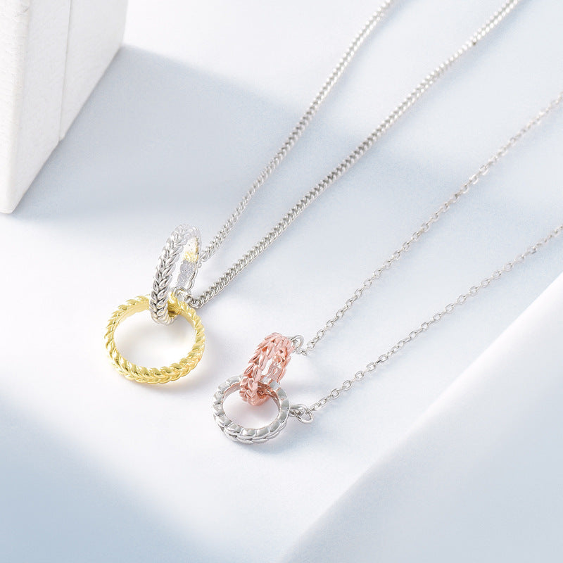 Double Bicolor Wheat Leaf Circle Clasp Silver Necklace for Women