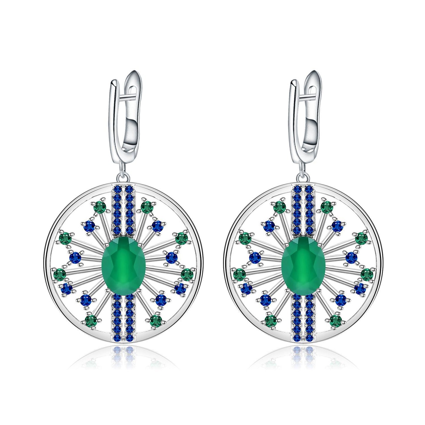 Luxury Fashion Design Inlaid Green Agate Circle Sterling Silver Drop Earrings for Women