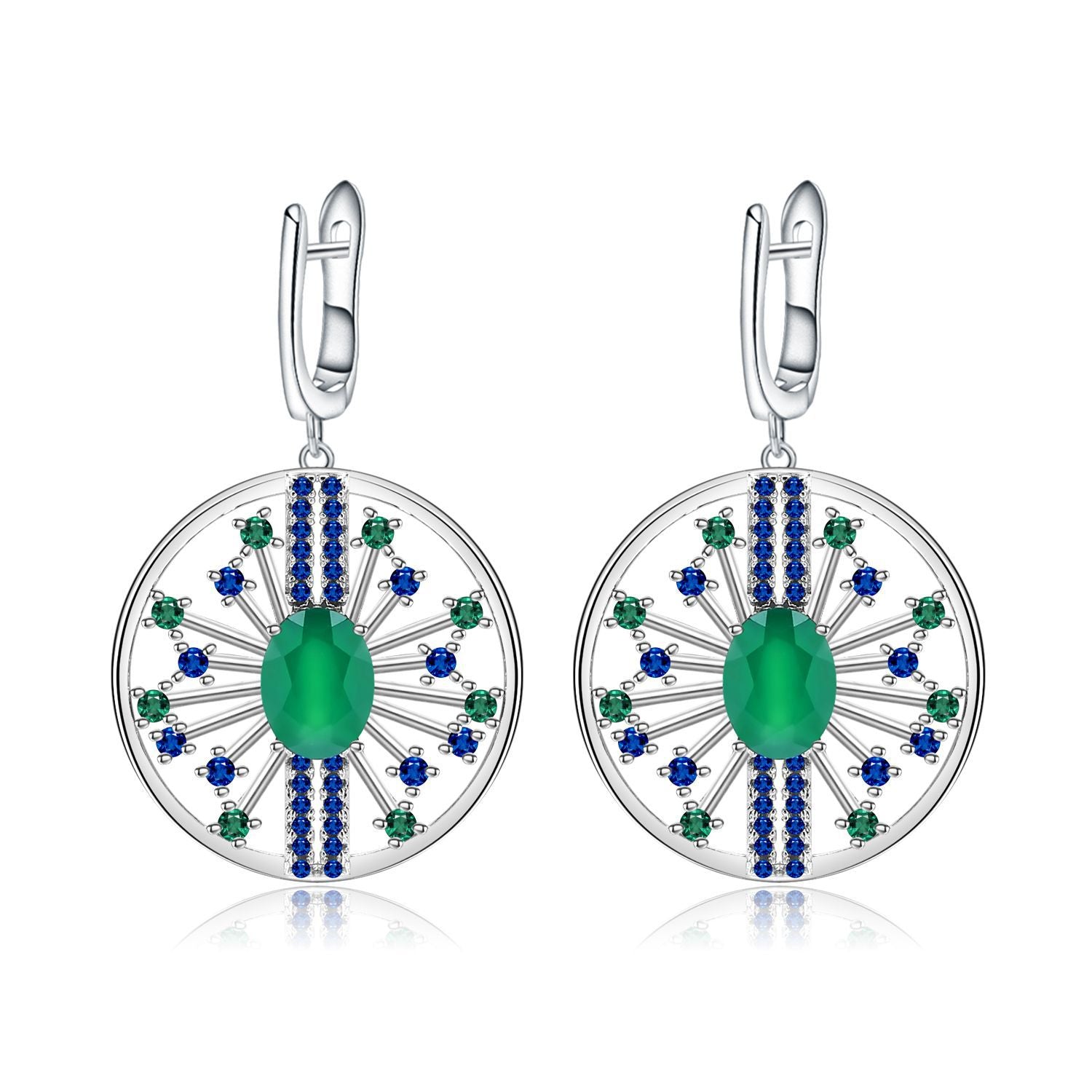 Luxury Fashion Design Inlaid Green Agate Circle Sterling Silver Drop Earrings for Women