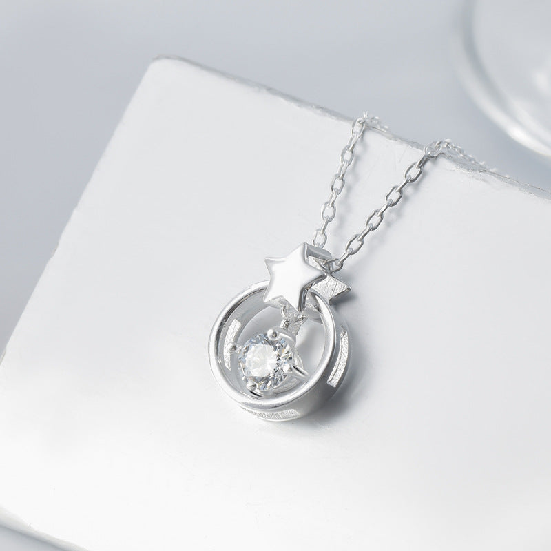 Single Zircon Circle with Star Pendant Multi Wear Silver Necklace for Women
