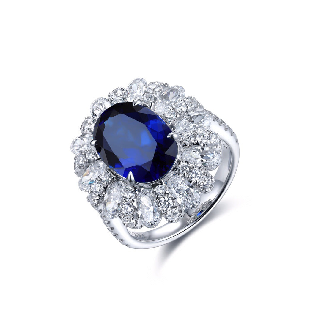 Lab-Created Sapphires Oval Ice Cut Soleste Halo Silver Ring Princess Diana Kate for Women