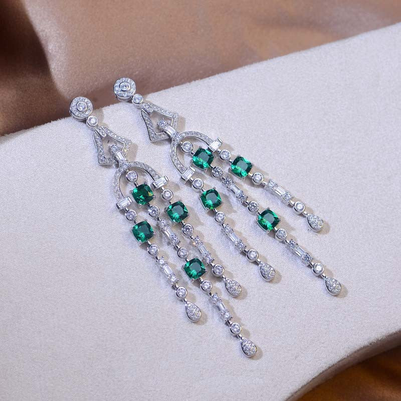 Lab-Created Emerald Tassels Silver Drop Earrings for Women