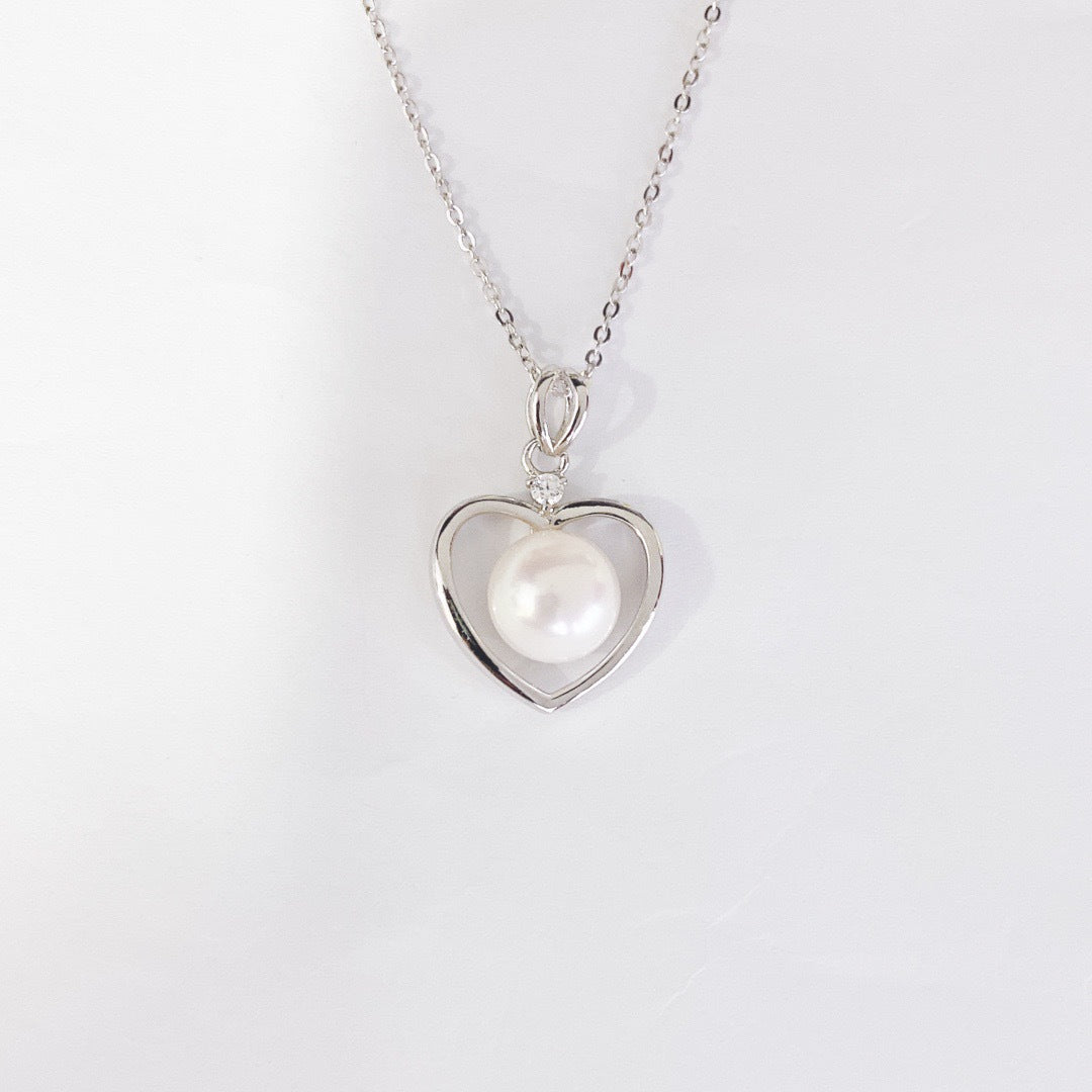 Hollow Heart with Round Pearl Pendant Silver Necklace for Women