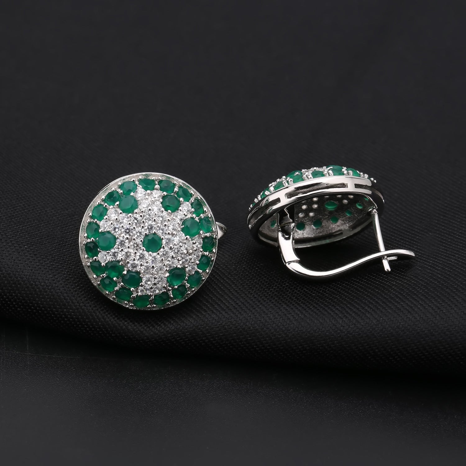 European Vintage Style Group Inlaid Natural Green Agate Circle Sterling Studs Earrings for Women