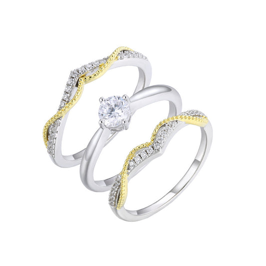 Round Zircon Solitaire with Interweave V Shape Three-in-one Silver Ring Set