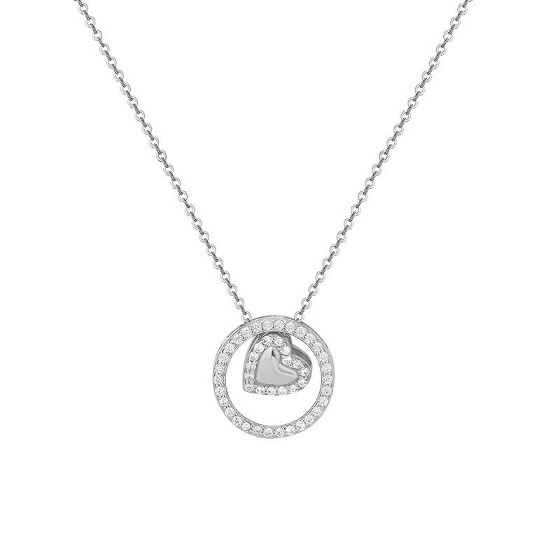 Zircon Circle with Heart Pendant Silver Necklace for Women