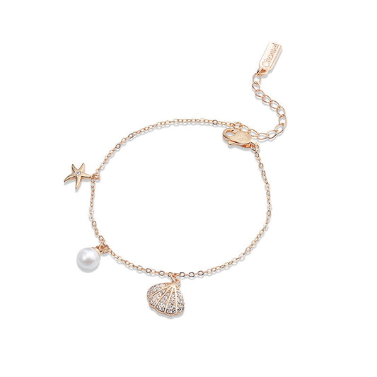 Zircon Shell with Starfish and Pearl Silver Bracelet for Women