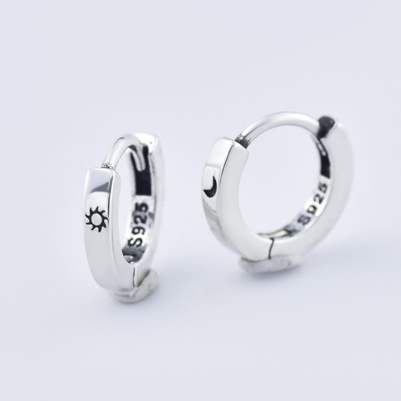 Asymmetric Sun and Moon Pattern Silver Hoop Earrings for Women