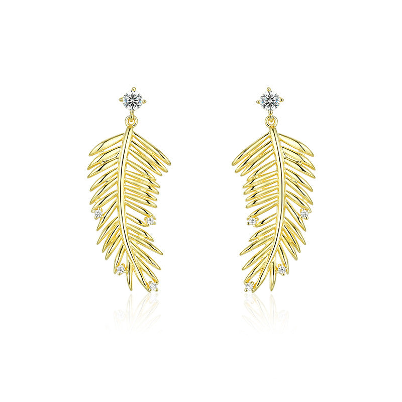 Leaf with Zircon Silver Drop Earrings for Women