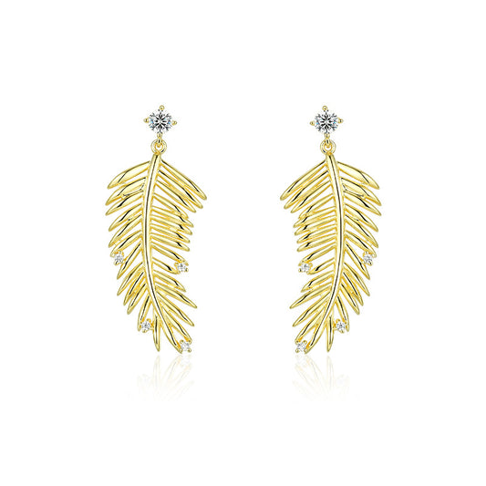 Leaf with Zircon Silver Drop Earrings for Women