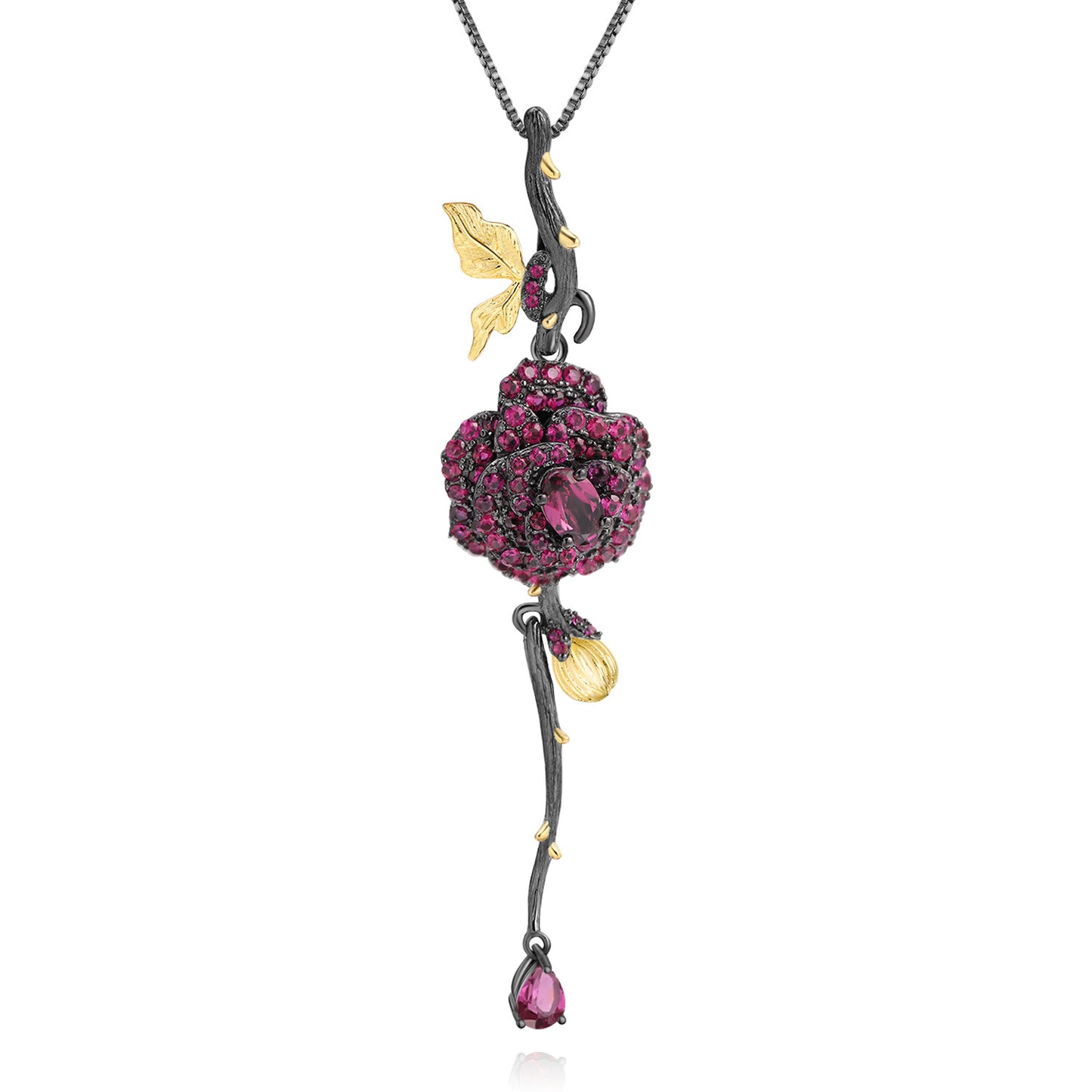 Secret Garden Design Natural Colourful Gemstone Rose Pendant Sterling Silver Collarbone Necklace for Women