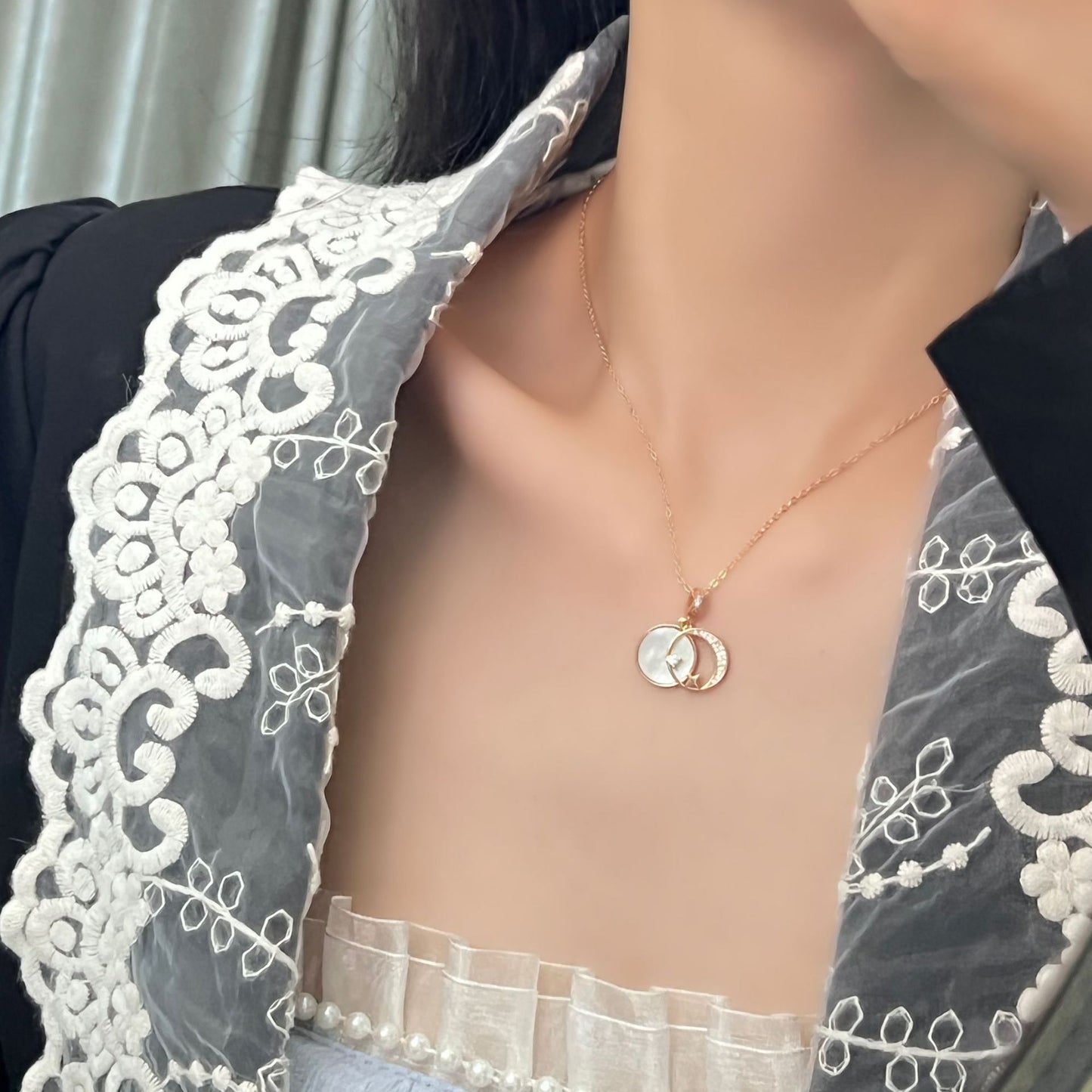 Mother of Pearl Round Disc with Circle Moon Star Silver Necklace for Women