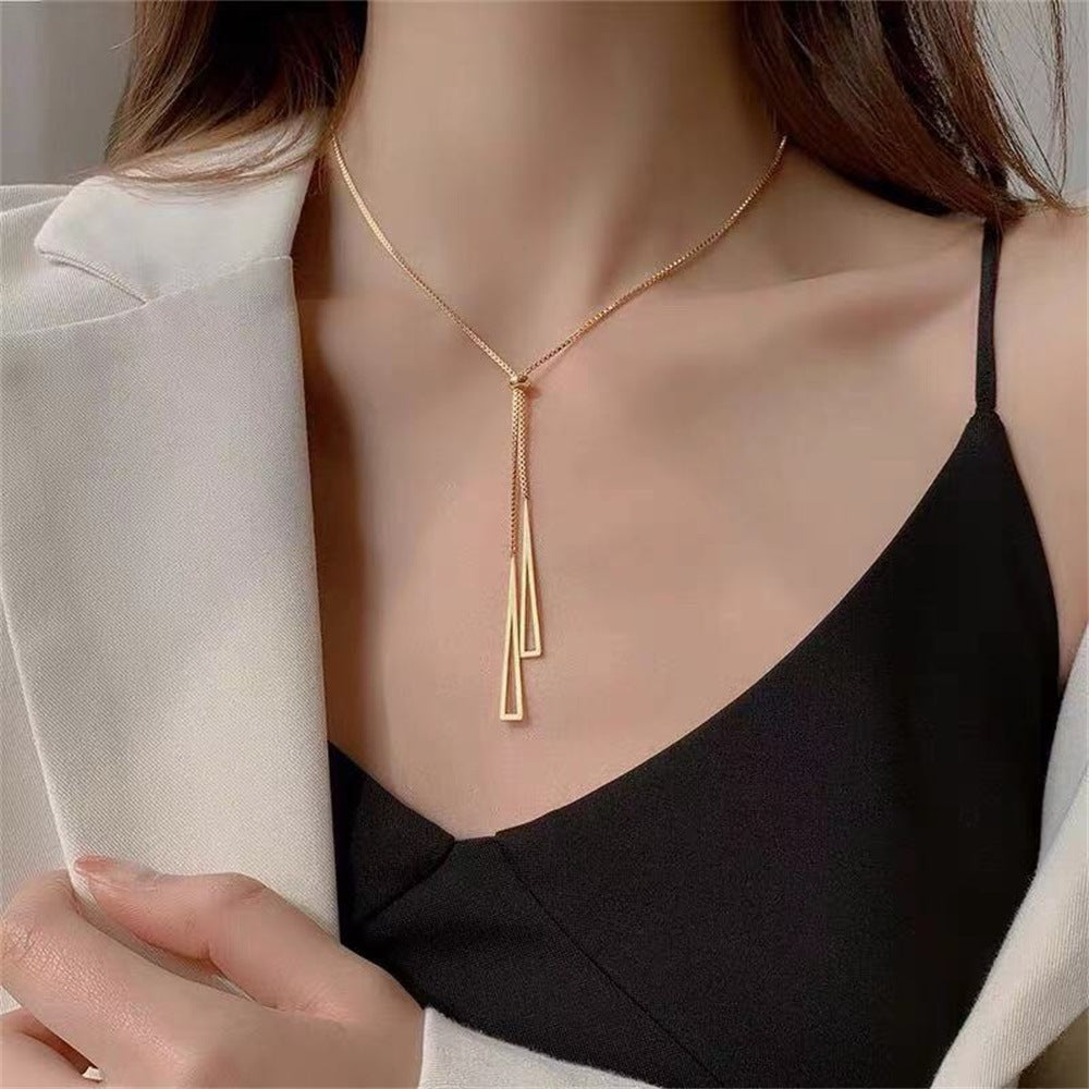 (Two Colours) Geometric Triangles Pendants 925 Silver Adjustable Collarbone Necklace for Women
