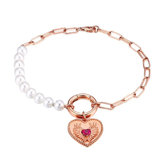 Wings Pattern Red Zircon Heart with Half Beading Pearl Half Chain Silver Bracelet for Women