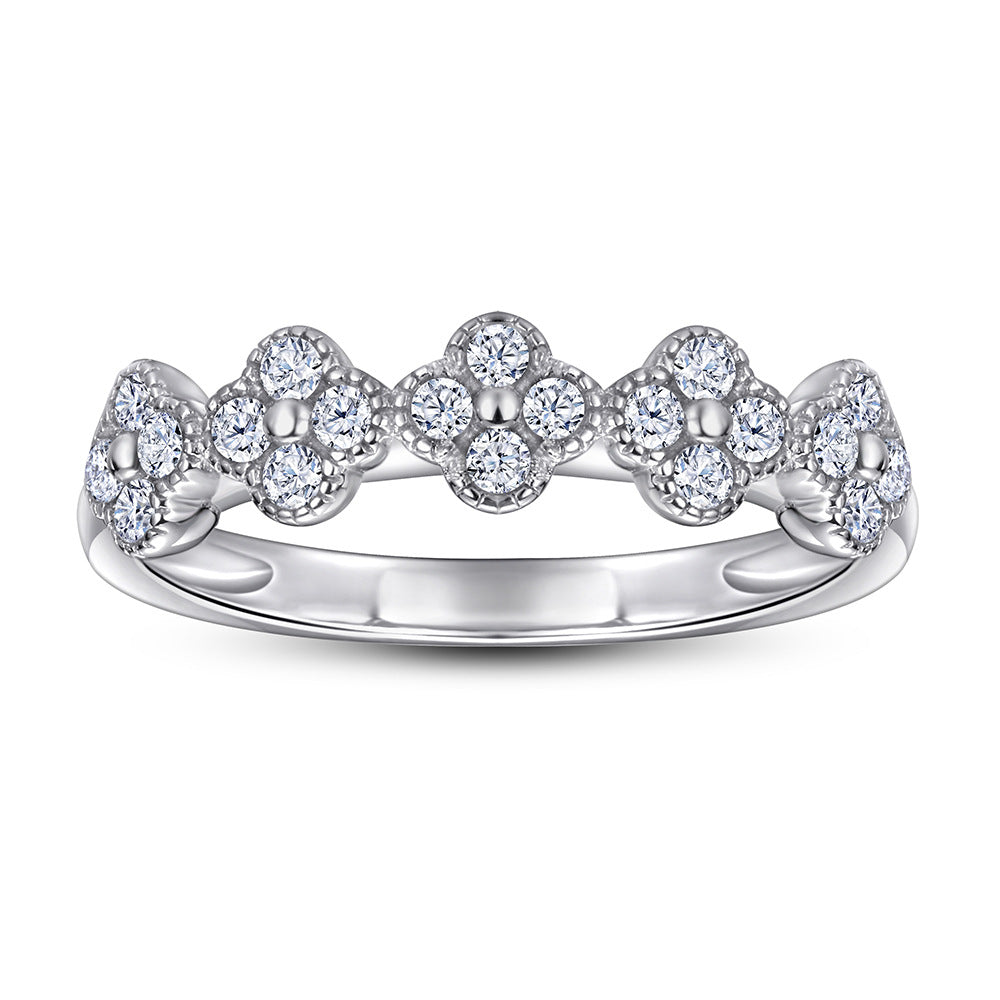 Half Circle Round Zircon Clover Silver Ring for Women