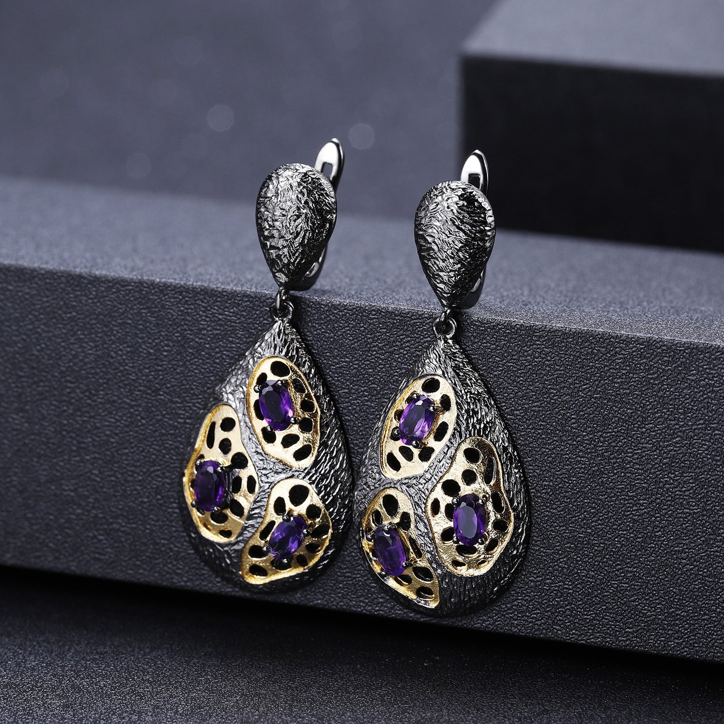 Italian Antique Style Inlaid Natural Colourful Gemstones Pear Drop Silver Earrings for Women
