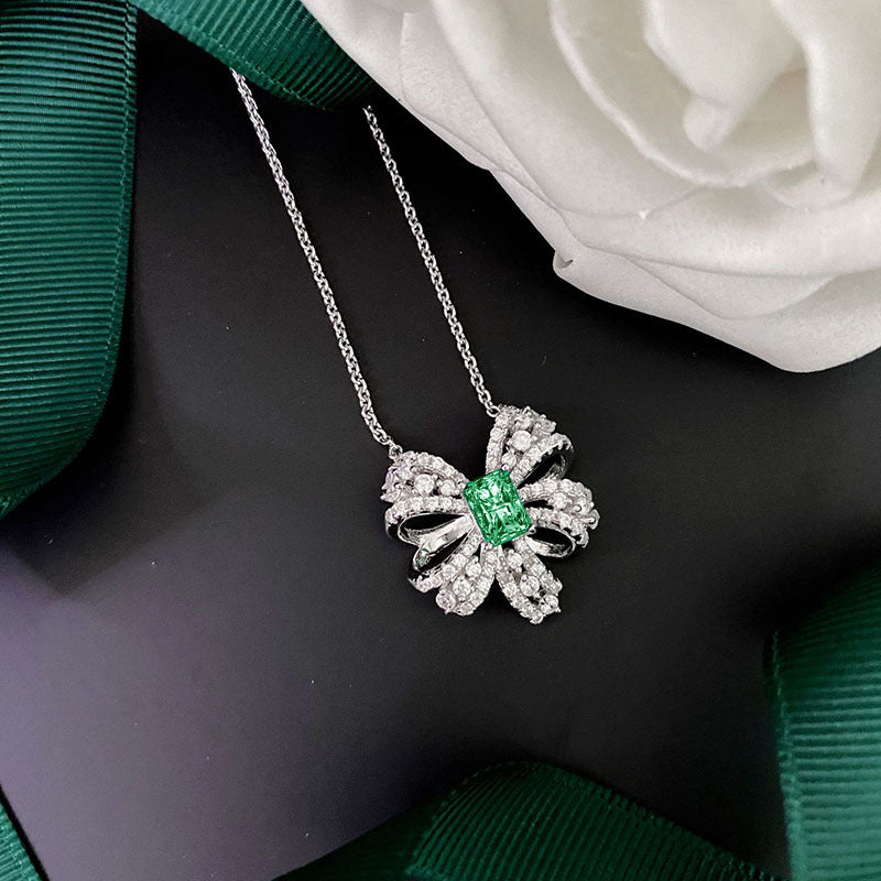 (1.0CT) Green Zircon 5*7mm Rectangle Ice Cut Classical Bowknot Pendants Silver Necklace for Women