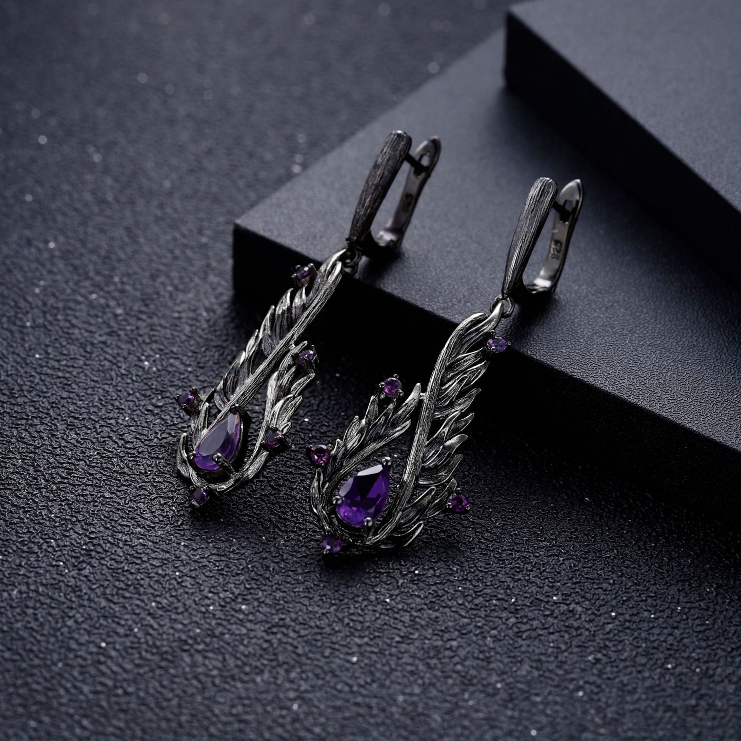 Italian Retro Style Inlaid Natural Amethyst Creative Shape Sterling Silver Drop Earrings for Women