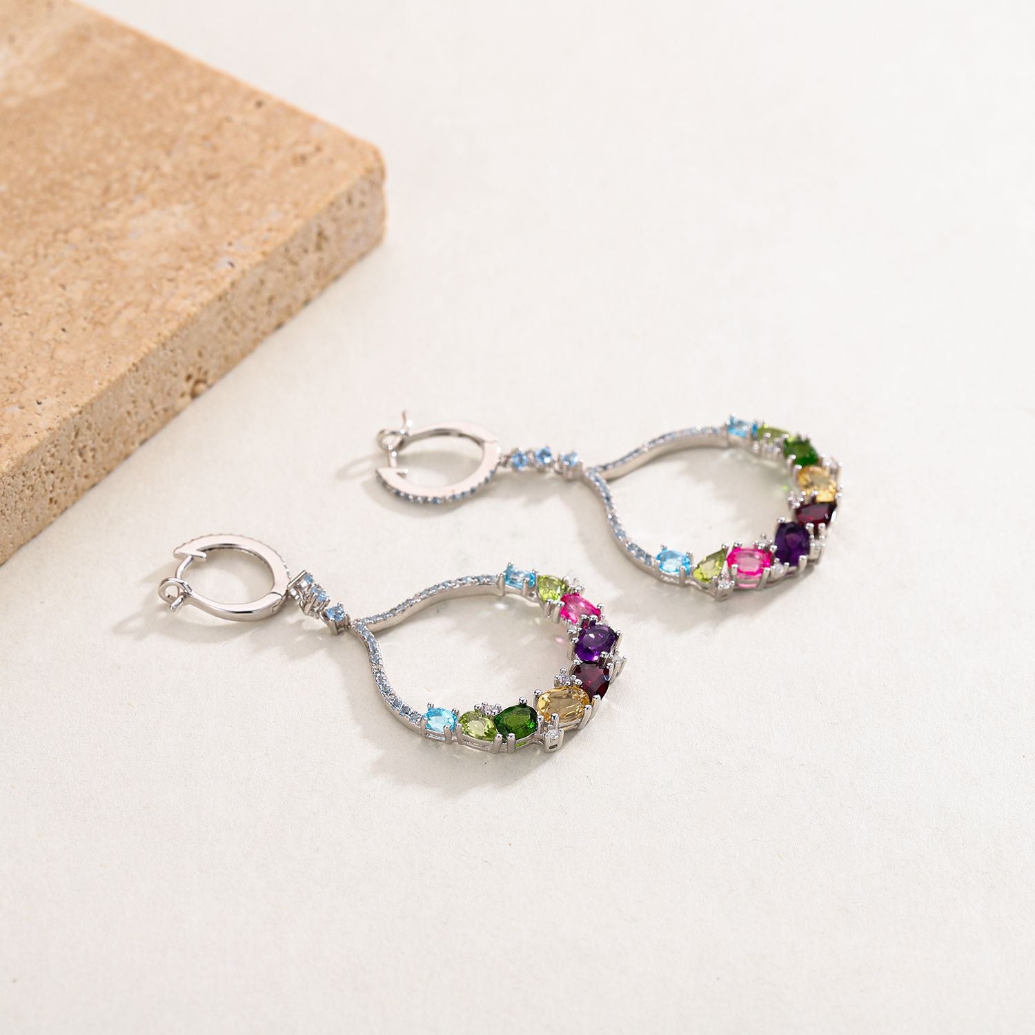 Exaggerated and Advanced Design Inlaid Colorful Gemstone Circle Sterling Silver Drop Earrings for Women