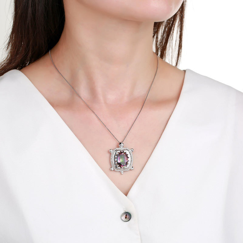 Colourful Ctystal Little Turtle Pendant Silver Necklace Pendant for Women