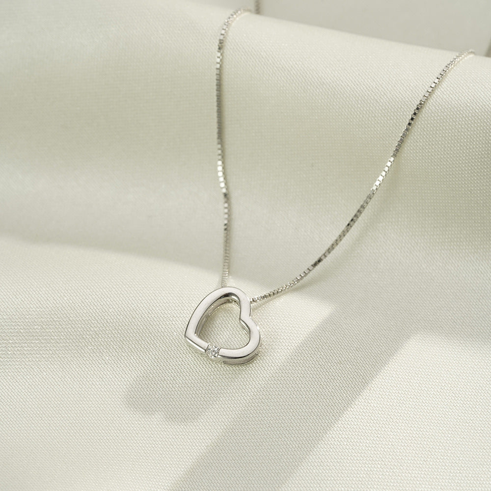 (Two Colours) White Zircon Simplicity Hollow Heart Pendants 925 Silver Collarbone Necklace for Women