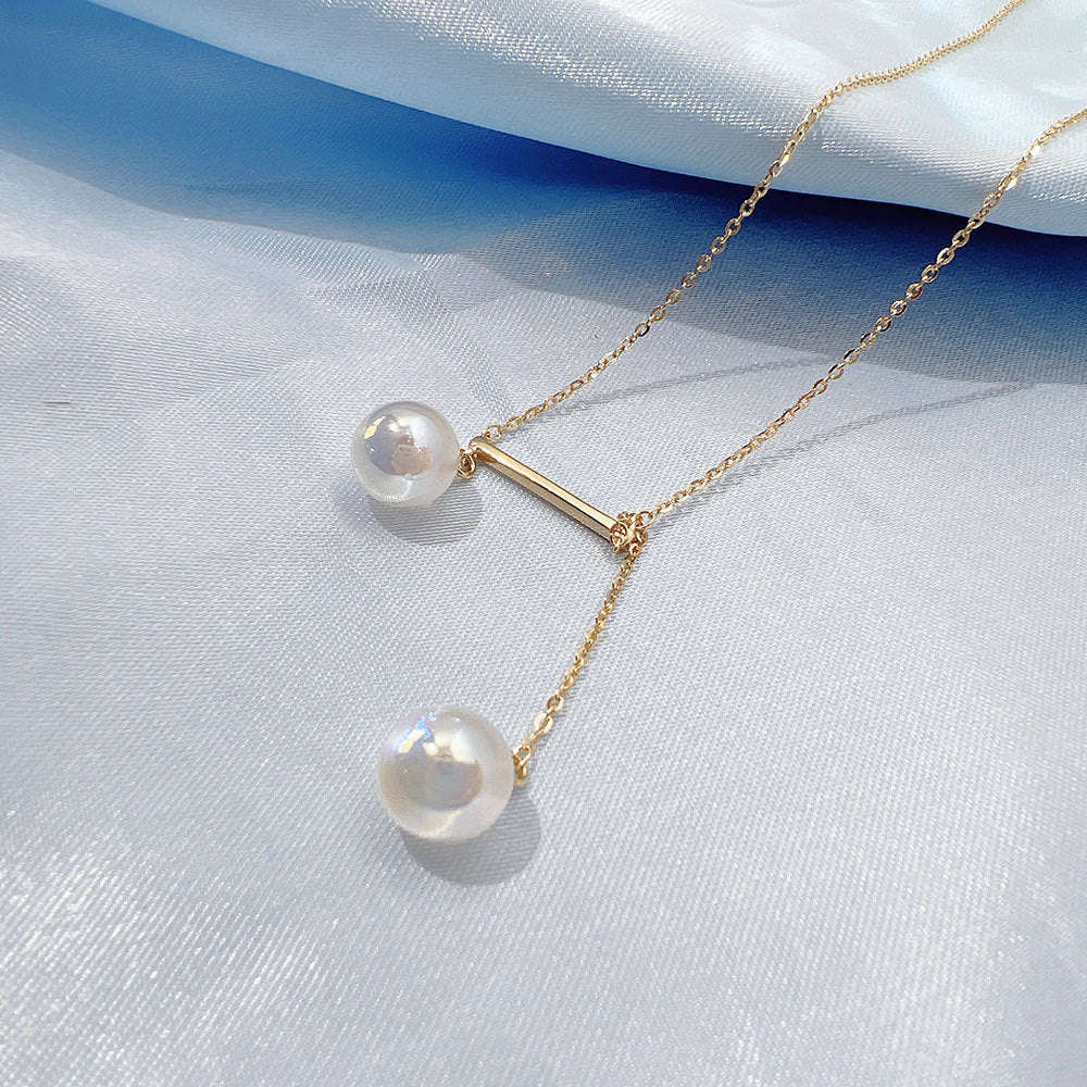 Gold Colour Double Pearls Dissymmetry Pendants Collarbone Necklace for Women