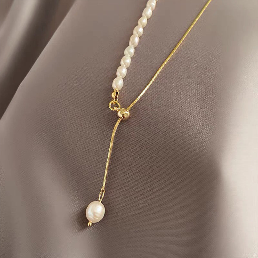 Two Colours - Natural Freshwater Pearls - Half Pearls Silver Collarbone Necklace for Women