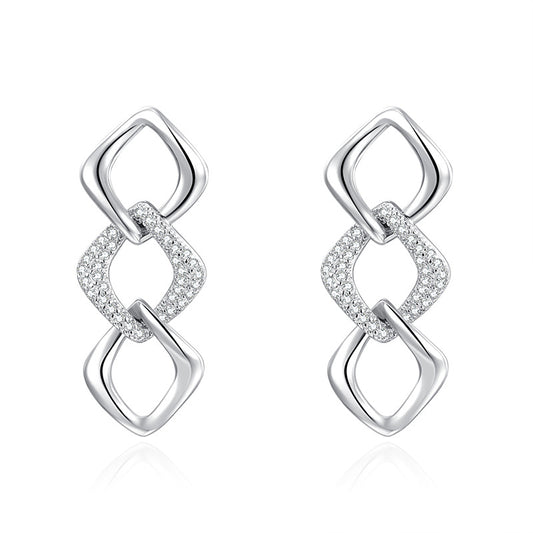 Three Rhombus Buckle with Zircon Silver Drop Earrings for Women