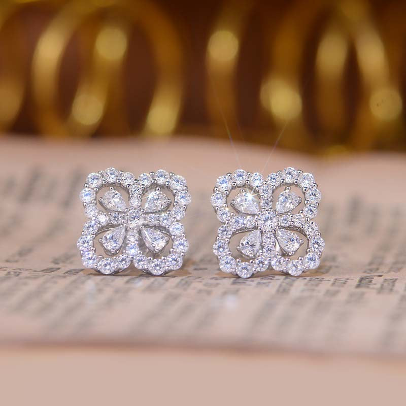 White 5A Zircon Water Droplets Clover Silver Studs Earrings for Women