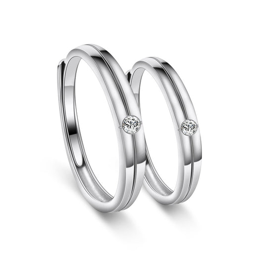 Single Line Pattern with Zircon Silver Couple Ring for Women
