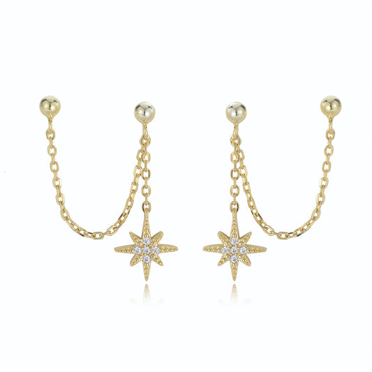 Octagonal Star Double Pierced Silver Chain Earrings for Women