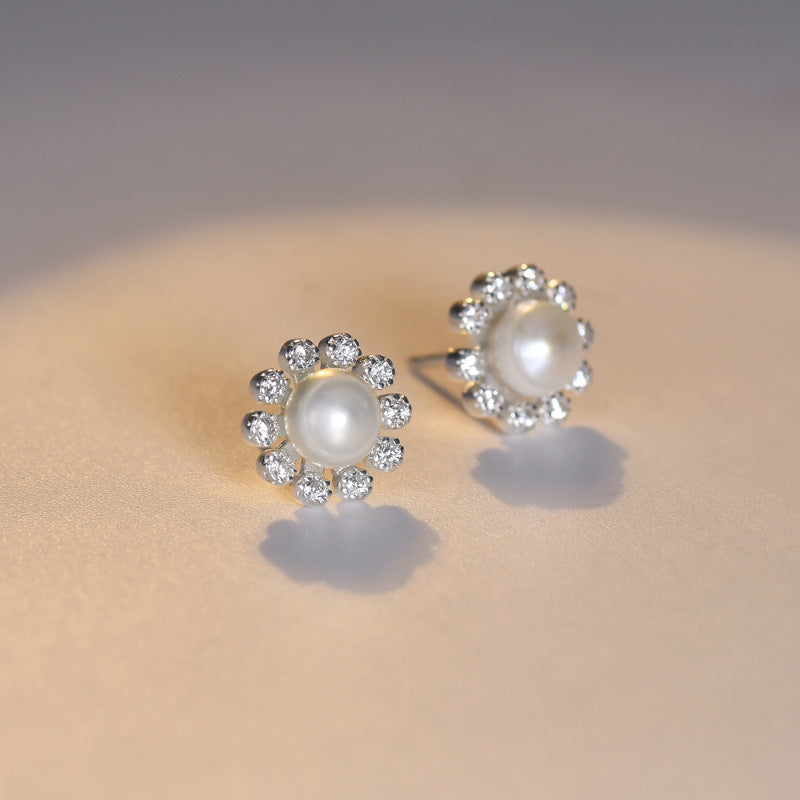 Freshwater Pearl Sun Flower with Zircon Silver Stud Earrings for Women