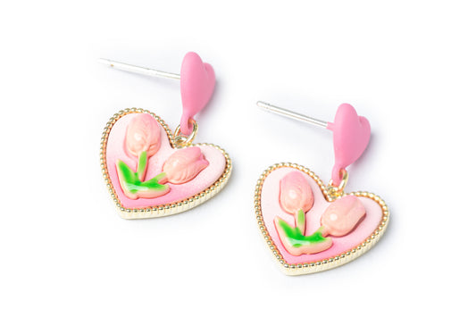 Tulip in the Heart Drop Earrings - Pink Drop Earrings for Women
