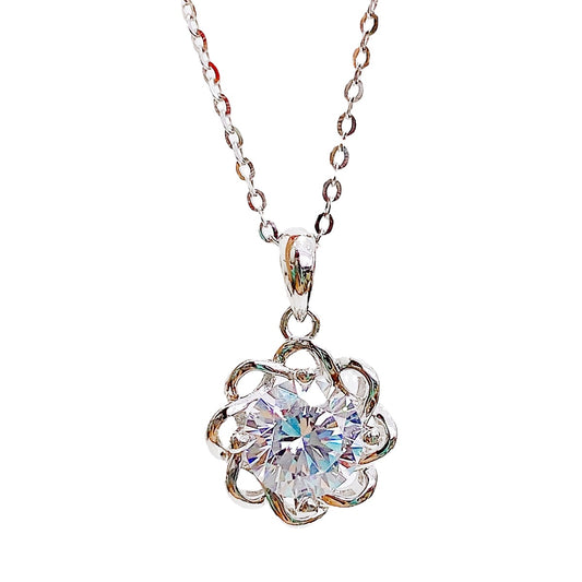 Round Zircon Hollow Petal Pendant Silver Necklace for Women