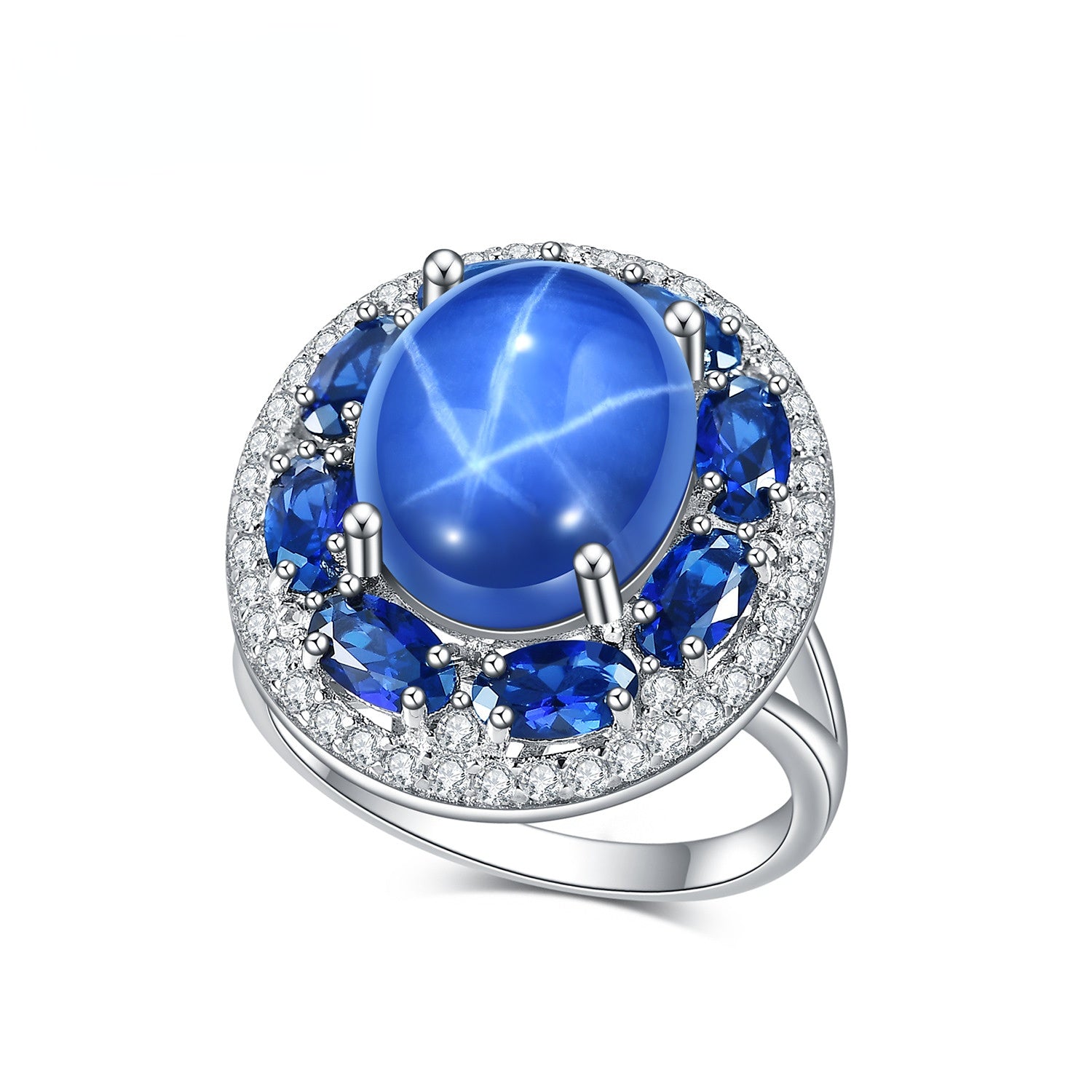 European and American Design Luxury Six Starlight Inlaid Sapphire Soleste Halo Silver Ring for Women