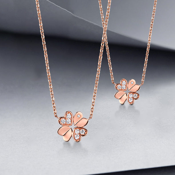Four Heart-shape Leaves Clover with Zircon Silver Necklace for Women